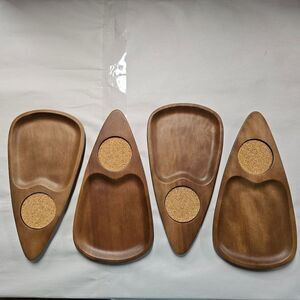 Serv Wood by Rubel New Set of 4 MCM Teardrop Shaped Hand Carved Snack Trays